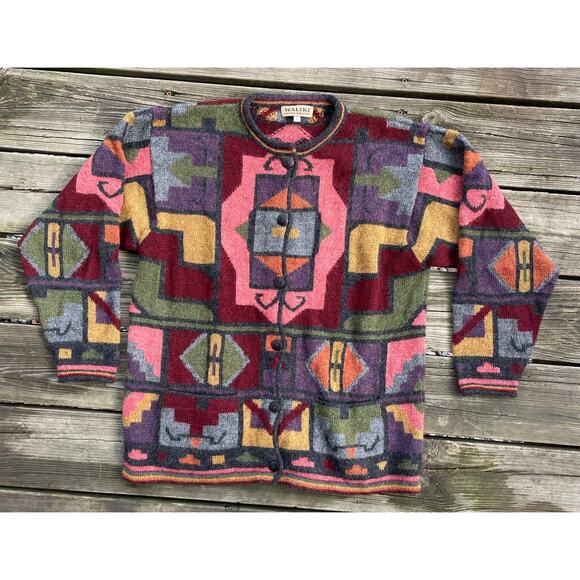 womens waliki 100% alpaca wool geometric sweater button down Large - Picture 1 of 16